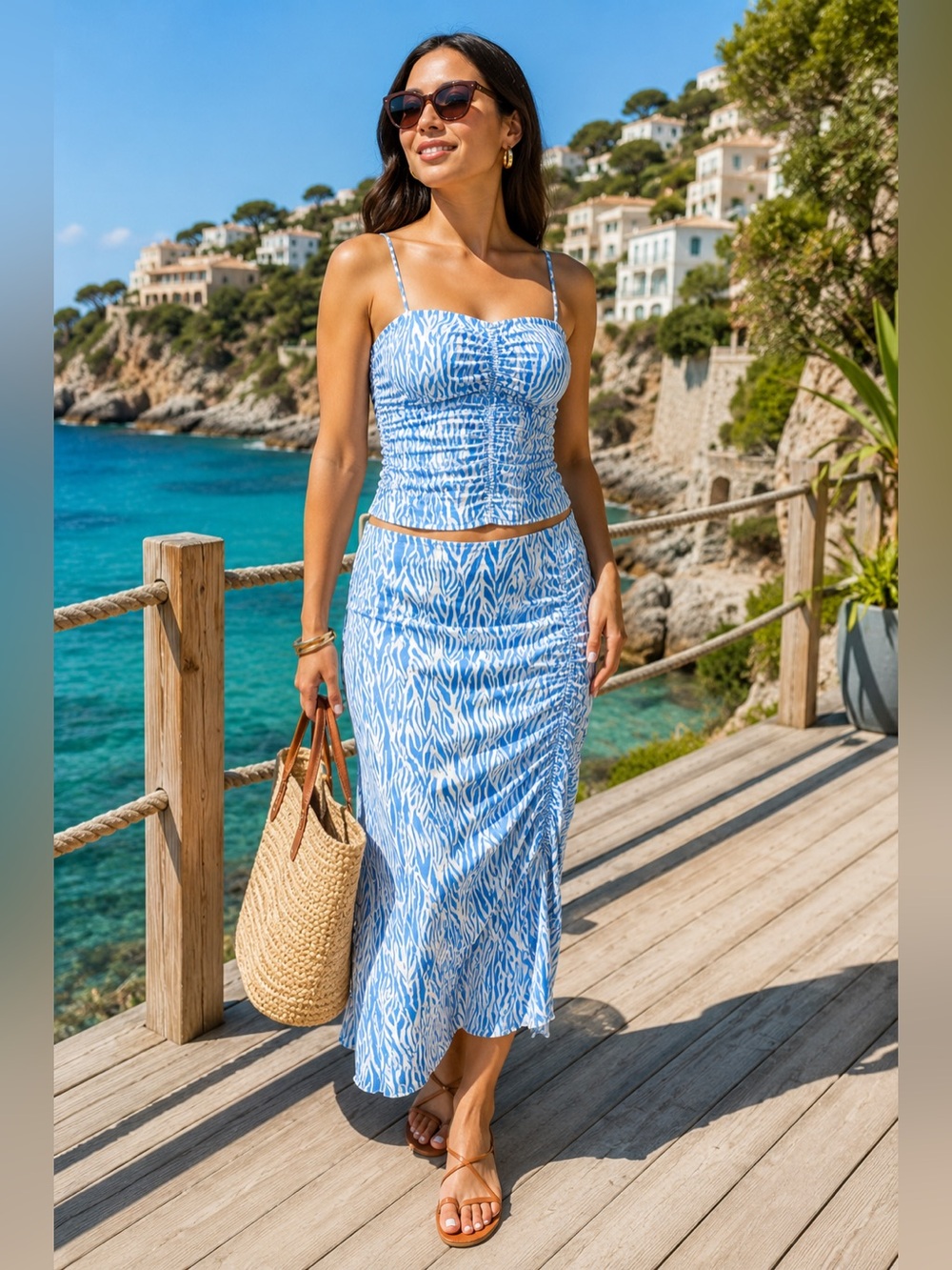 Diane von Furstenberg Sea Twig Zebra Print Skirt & Cami Set NWT XL Blue
